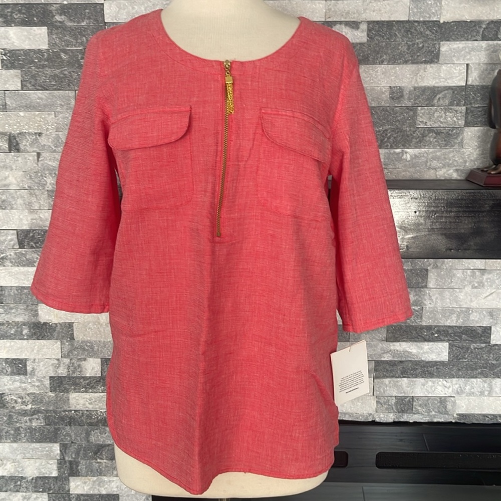 ELLEN Tracy Medium Pockets Neck Zipper 100% Linen Top Blouse